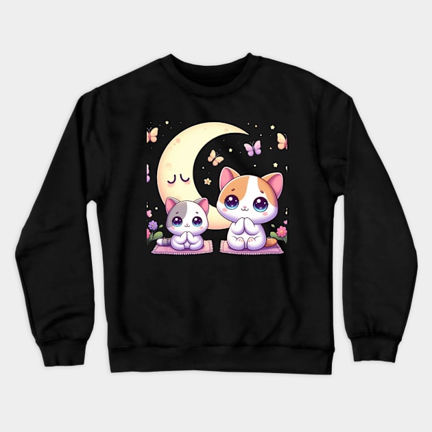 Cute Mother And Son Cat Praying with Stars and Butterflies Crewneck Sweatshirt by Divineshopy